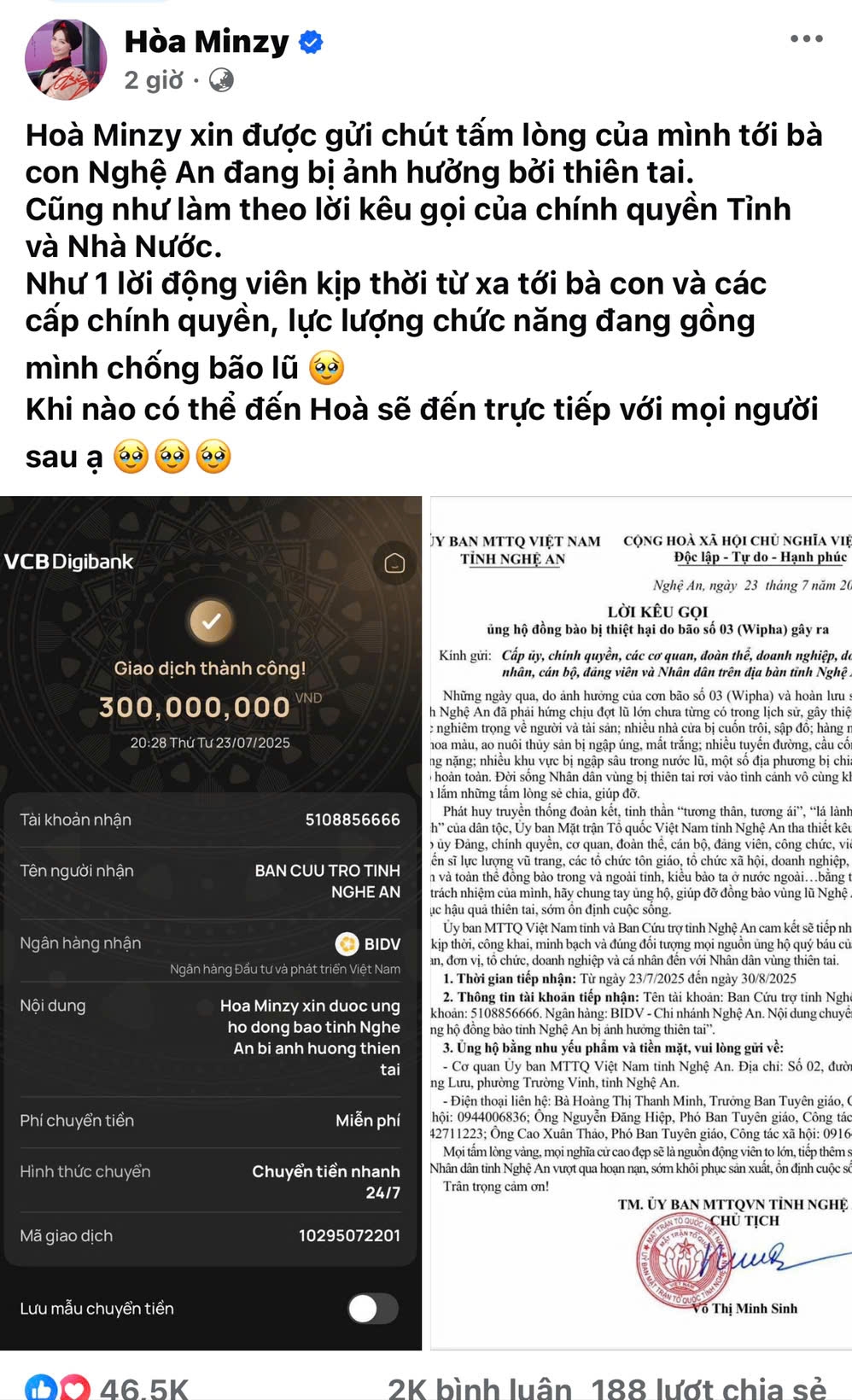 Hòa Minzy ủng hộ 300 triệu giúp bà con Nghệ An bị lũ lụt - Ongkinh