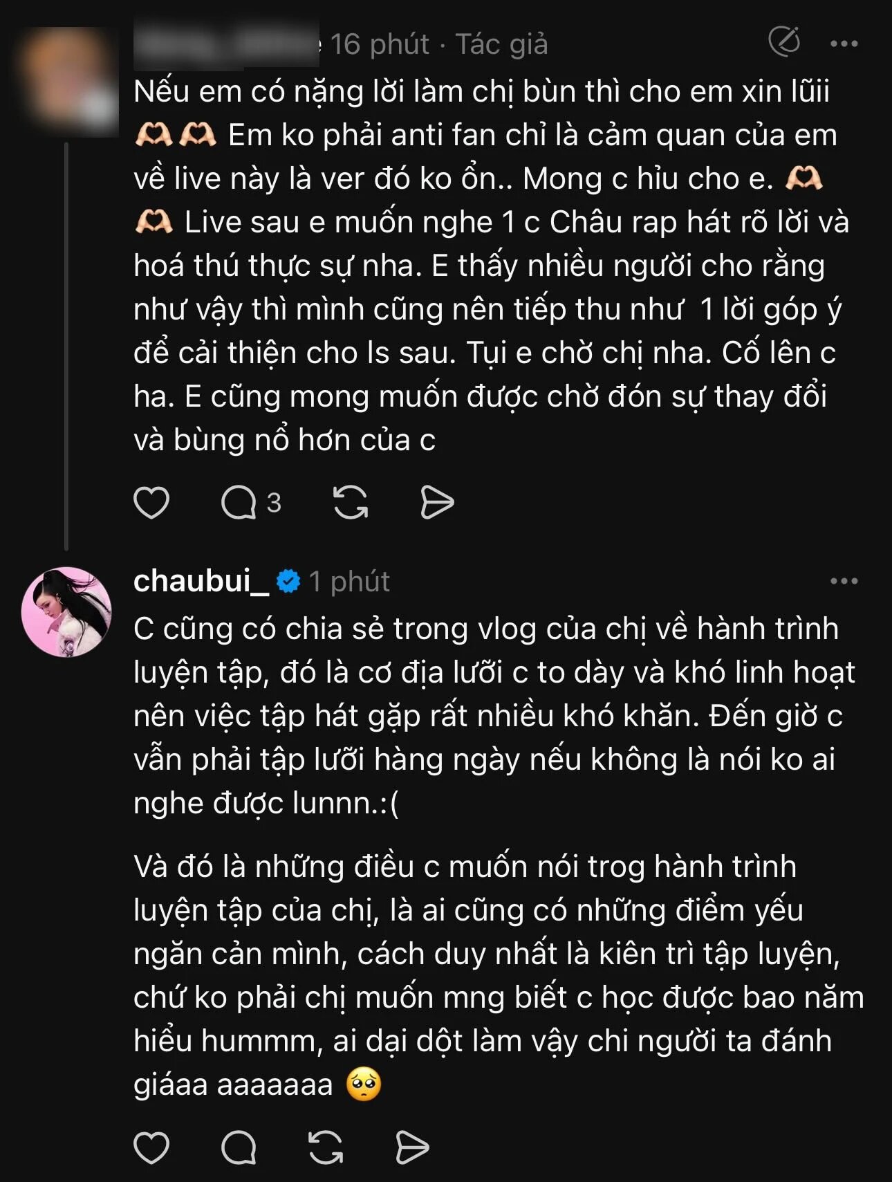 Đối mặt với những đánh giá tiêu cực, Châu Bùi vẫn kiên nhẫn giải thích cặn kẽ từng chút một. Tối ngày 13/7, Châu Bùi đã đăng tải một dòng trạng thái mới, dù không nêu đích danh nhưng ai cũng hiểu cô đang nói về chuyện gì: "Không làm gì có lỗi thì càng không phải trốn tránh, mình cứ việc đâm thẳng". Thái độ trực diện, dám đối mặt của Châu Bùi đã nhận được sự hưởng ứng và chia sẻ rộng rãi từ người hâm mộ.

Châu Bùi đã cho thấy sự dũng cảm khi bước ra khỏi vùng an toàn và thử thách bản thân với ca hát. Có thể cô chưa thực sự hoàn hảo, nhưng ít nhất, Châu Bùi không hề né tránh sự thật đó. Dù những lời nhận xét đôi khi xuất phát từ kỳ vọng, nhưng nếu thiếu đi sự cảm thông, chúng có thể trở thành áp lực vô hình, khiến người nghệ sĩ dần mất đi động lực.