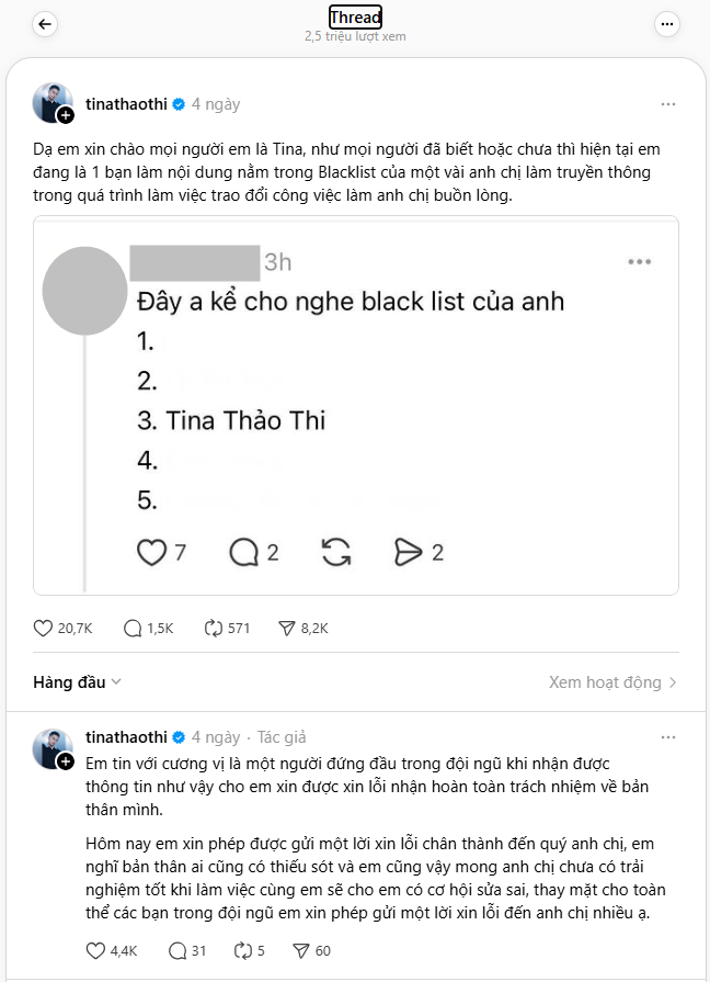 Tina Thảo Thi bất ngờ “tái xuất” sau ồn ào bị đưa vào blacklist