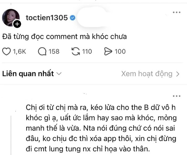 Tóc Tiên bật khóc vì làn sóng chỉ trích dữ dội trên Threads