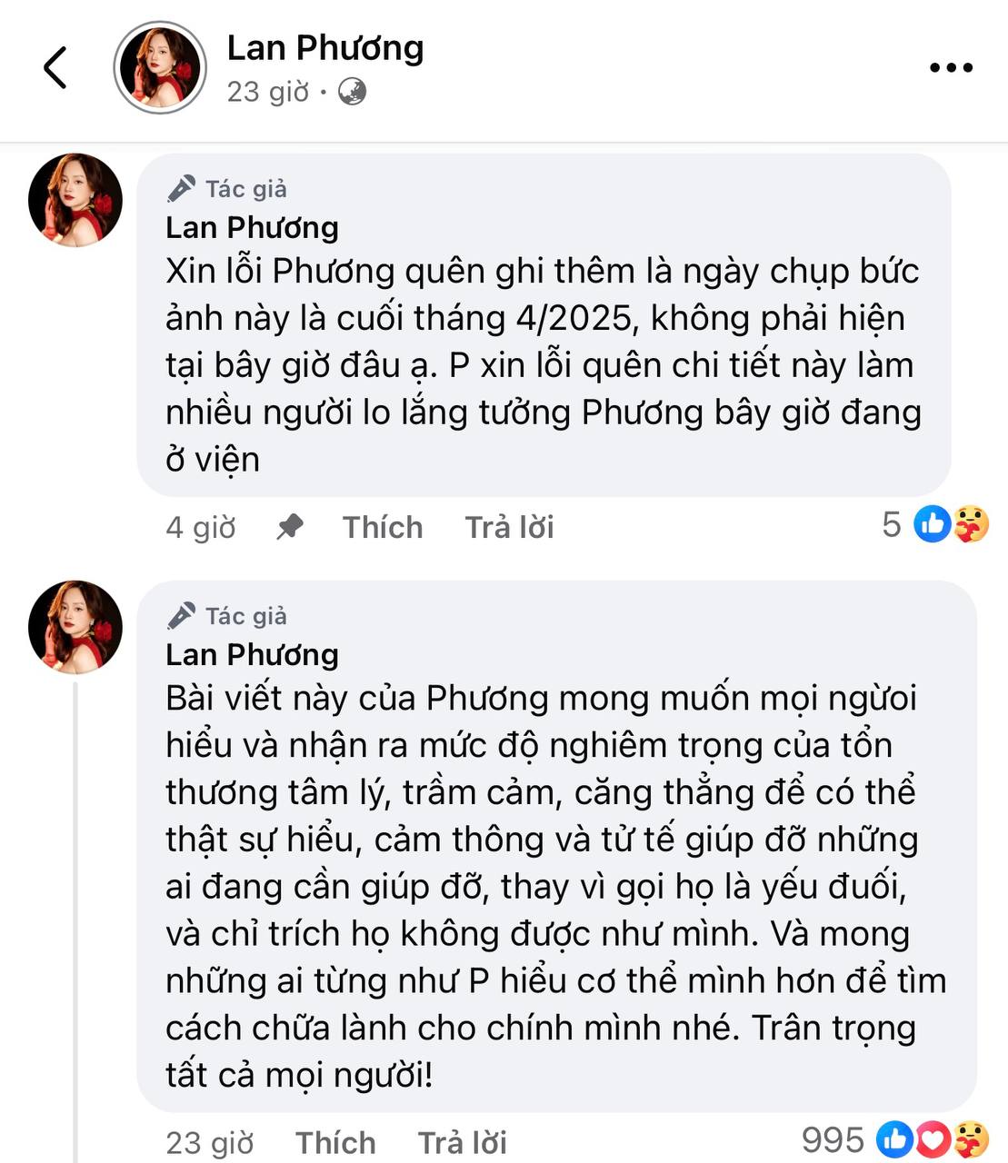 Diễn viên Lan Phương xin lỗi gấp về bức hình nhập viện cấp cứu