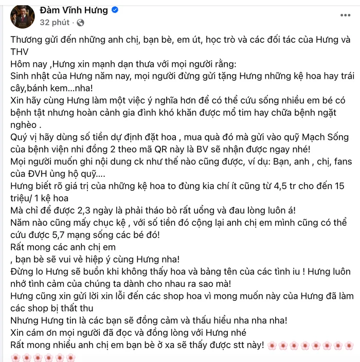 Đàm Vĩnh Hưng kêu gọi quyên góp thay vì nhận quà sinh nhật - Ongkinh