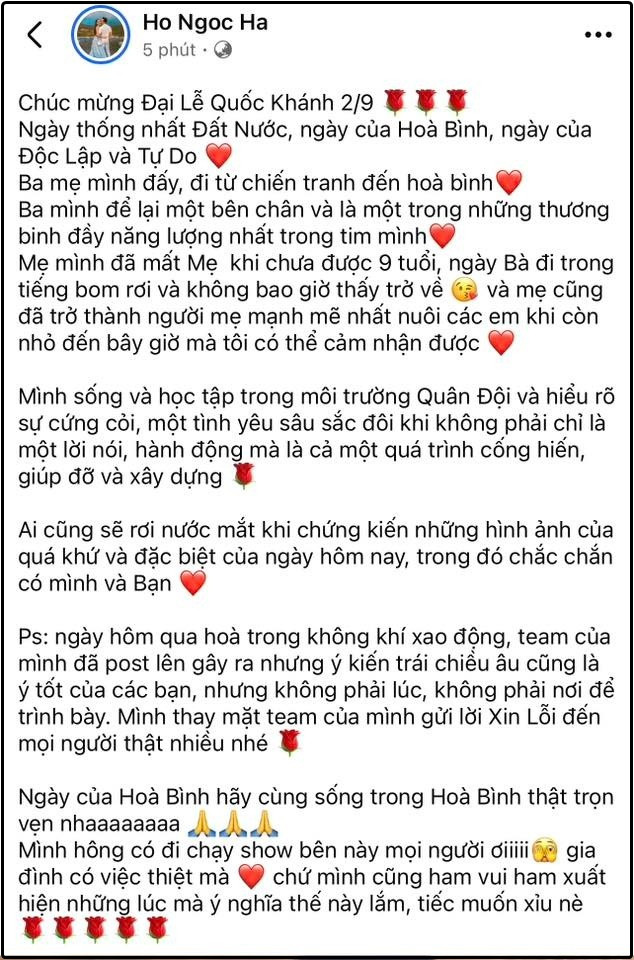 Hồ Ngọc Hà xin lỗi về việc vắng bóng tại Đại lễ 2/9