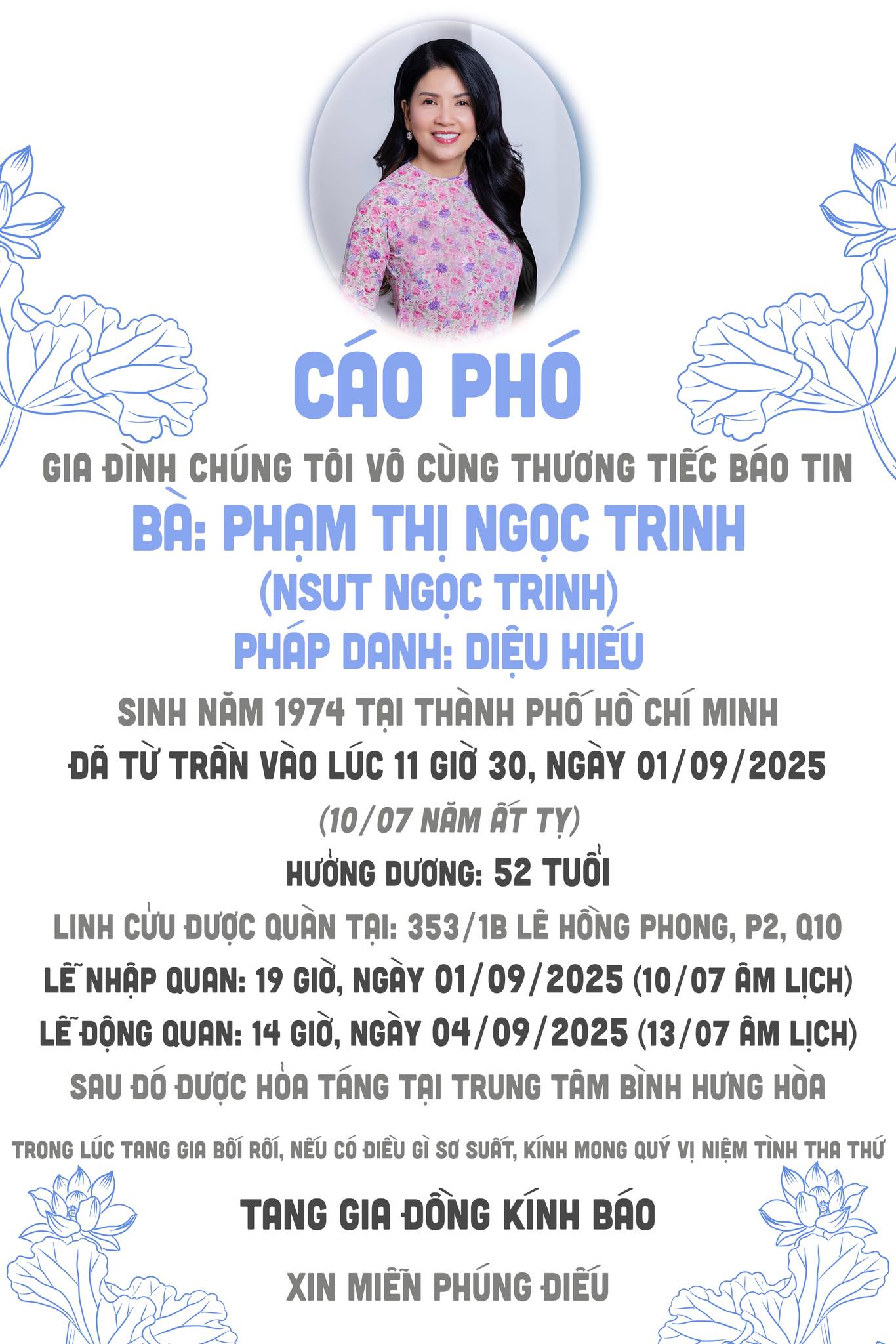 Diễn viên Ngọc Trinh (Mùi Ngò Gai) qua đời ở tuổi 52