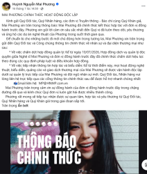 Hoa hậu Mai Phương thông báo hoạt động độc lập